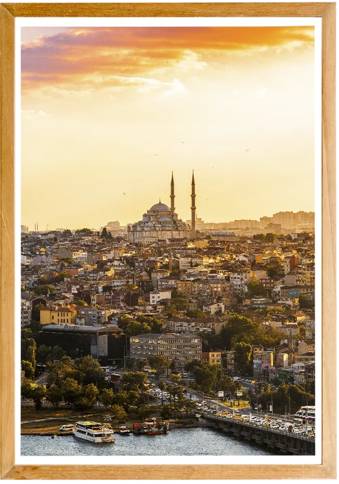 Framed picture of a sunset over a mosque in Istanbul, Turkey